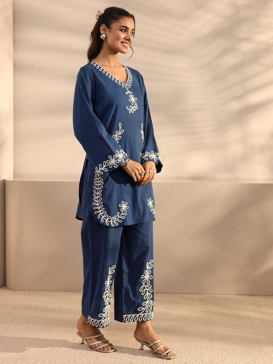  Blue Floral Embroidered Cotton Co-Ord Set 