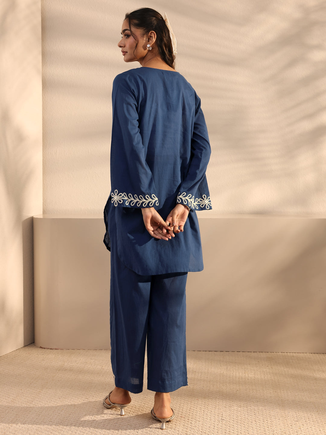  Blue Floral Embroidered Cotton Co-Ord Set 