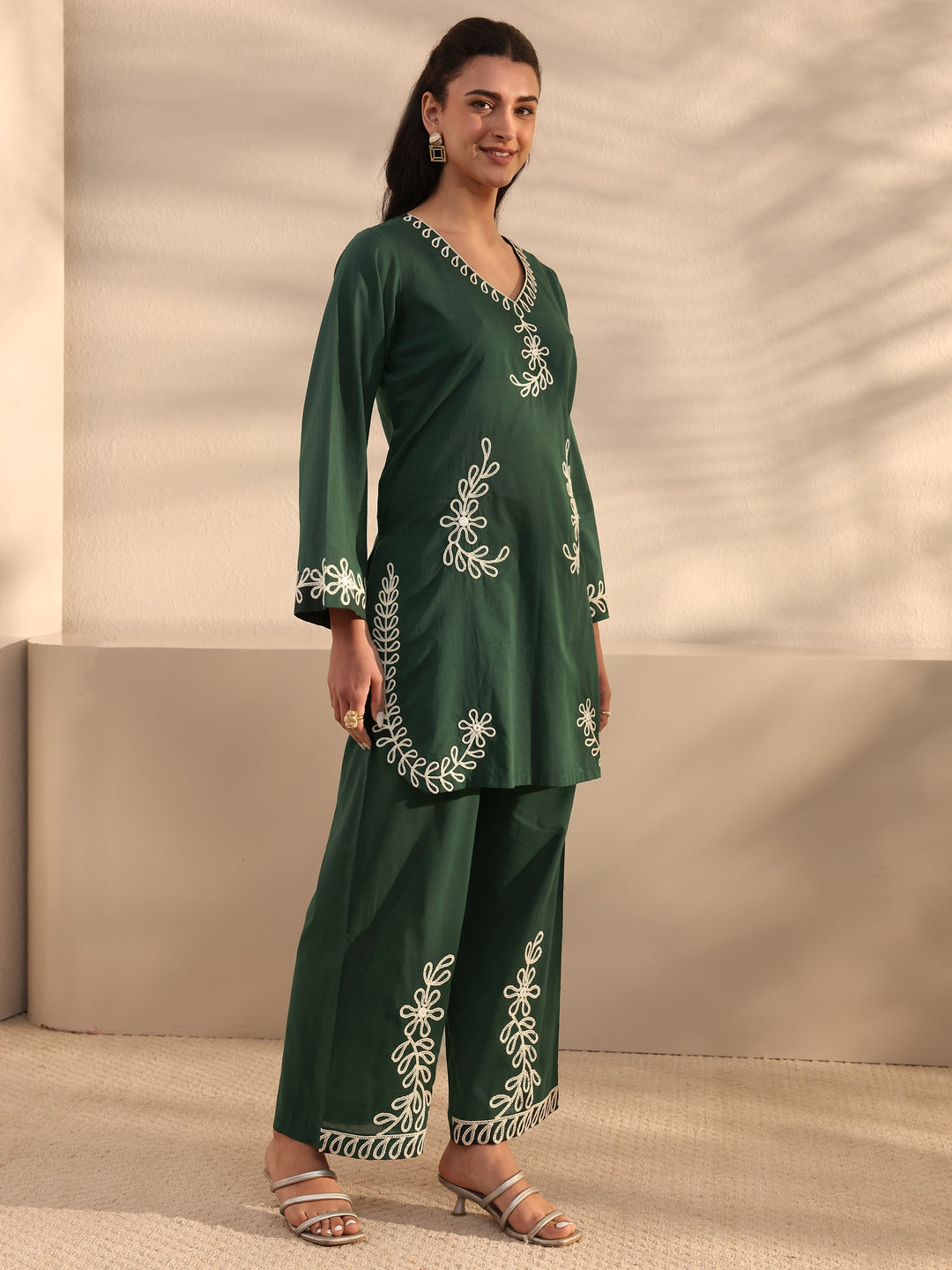  Green Embroidered Cotton Co-Ord Set 