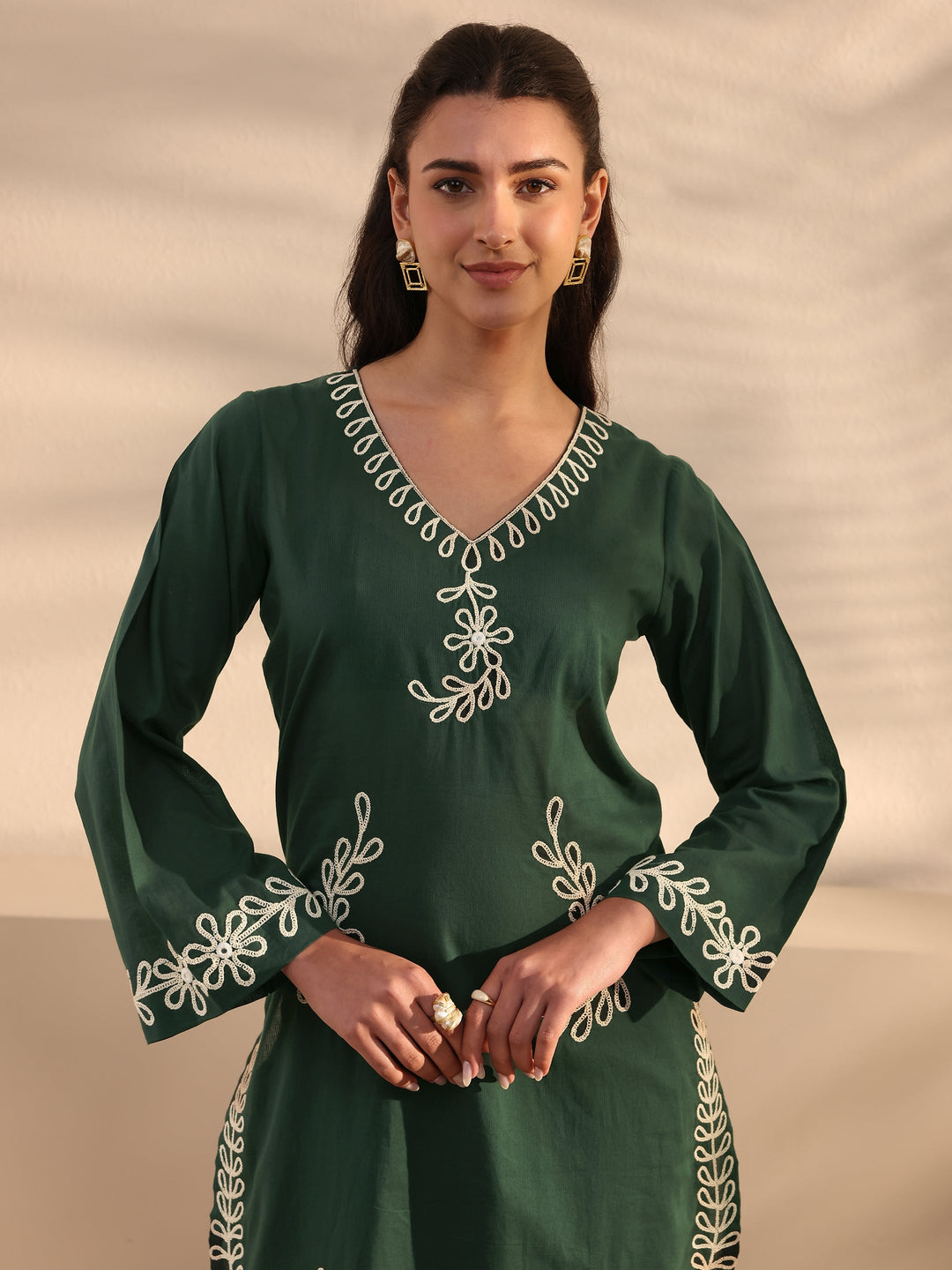  Green Embroidered Cotton Co-Ord Set 