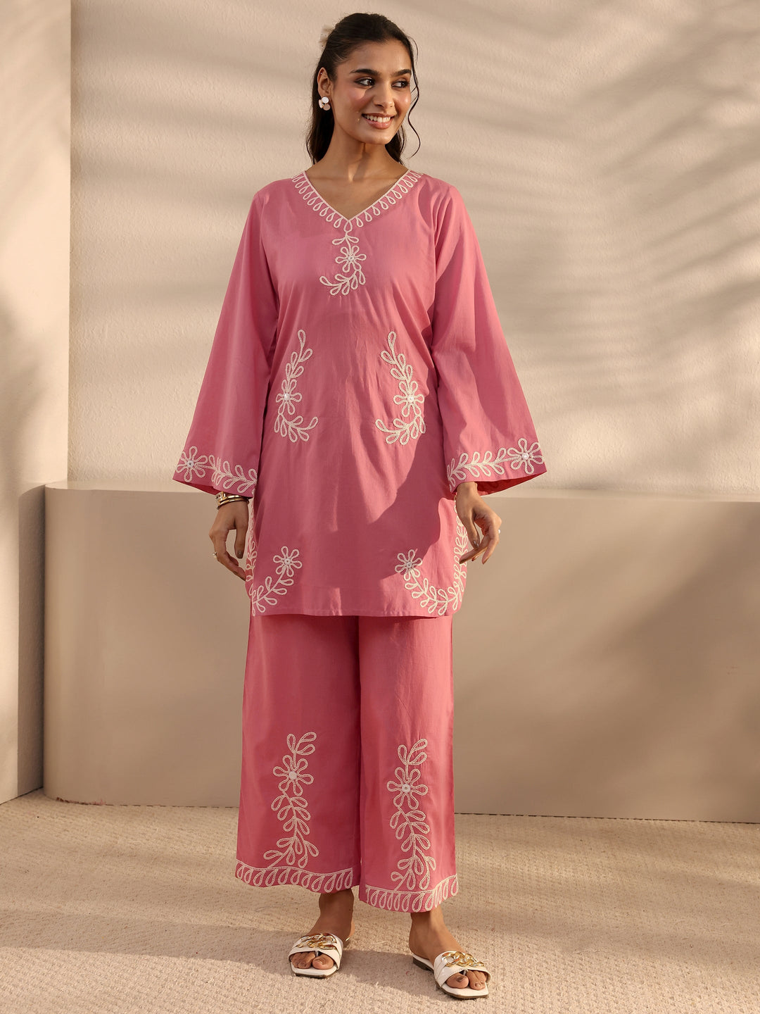  Pink Embroidered Cotton Co-Ord Set 