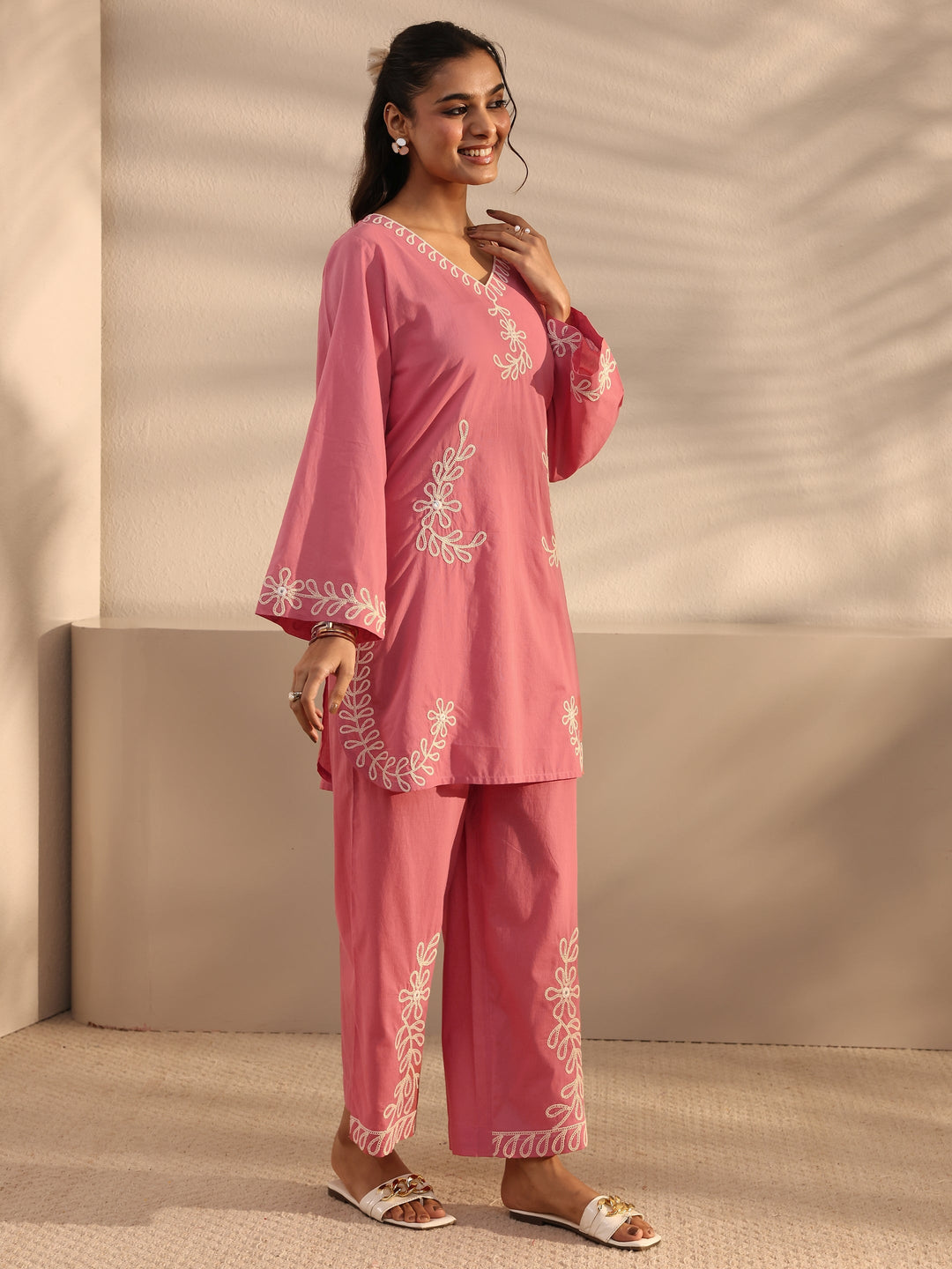  Pink Embroidered Cotton Co-Ord Set 