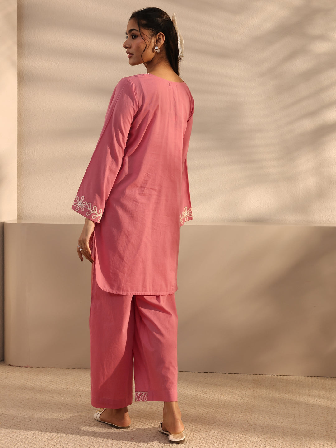  Pink Embroidered Cotton Co-Ord Set 