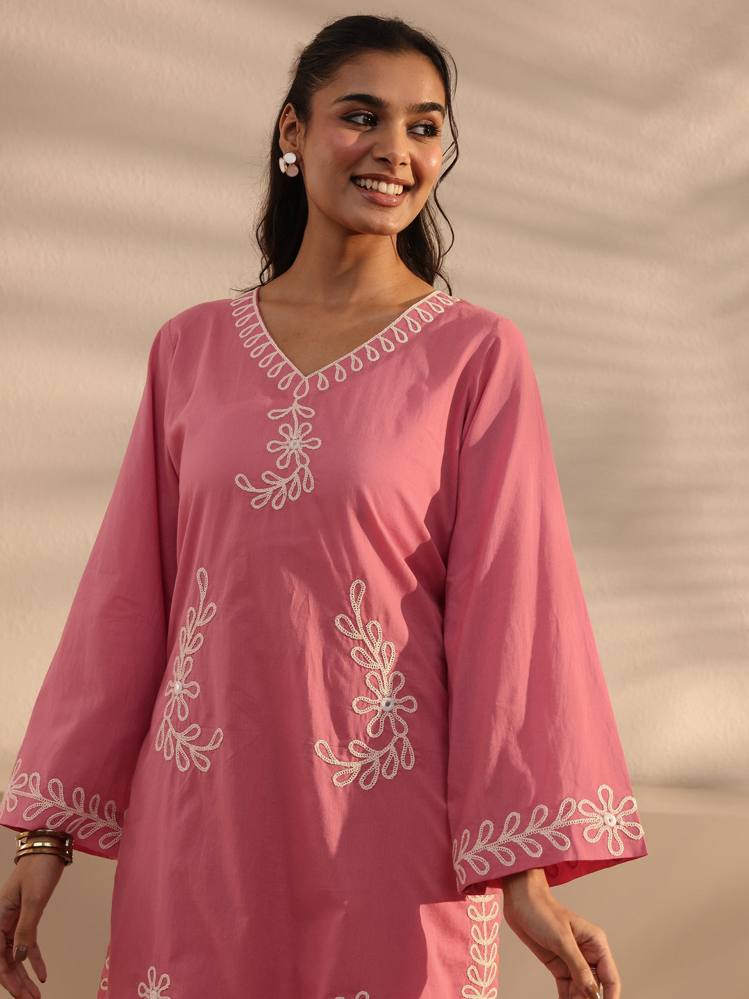  Pink Embroidered Cotton Co-Ord Set 