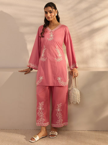 Libas Pink Embroidered Cotton Co-Ord Set