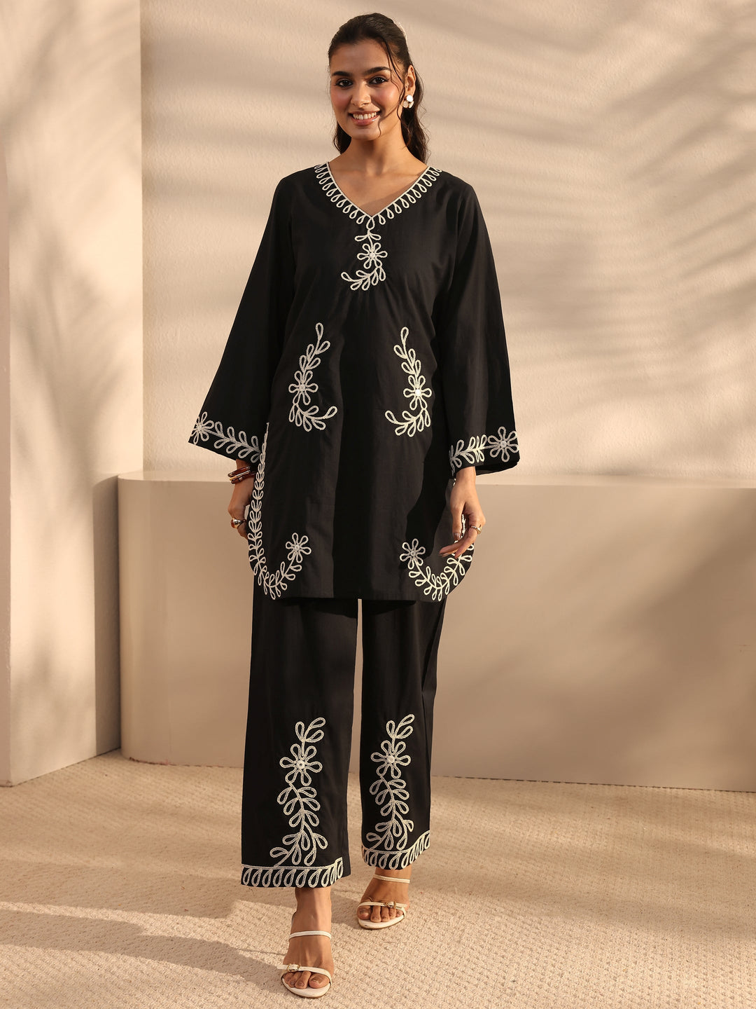  Black Embroidered Cotton Co-Ord Set 