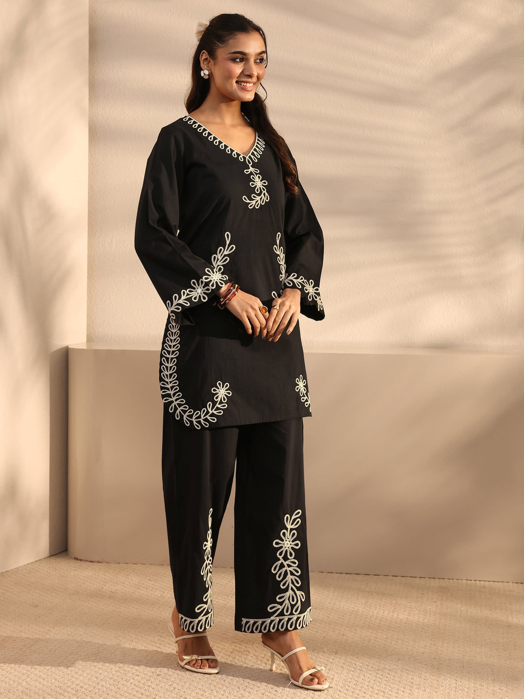  Black Embroidered Cotton Co-Ord Set 