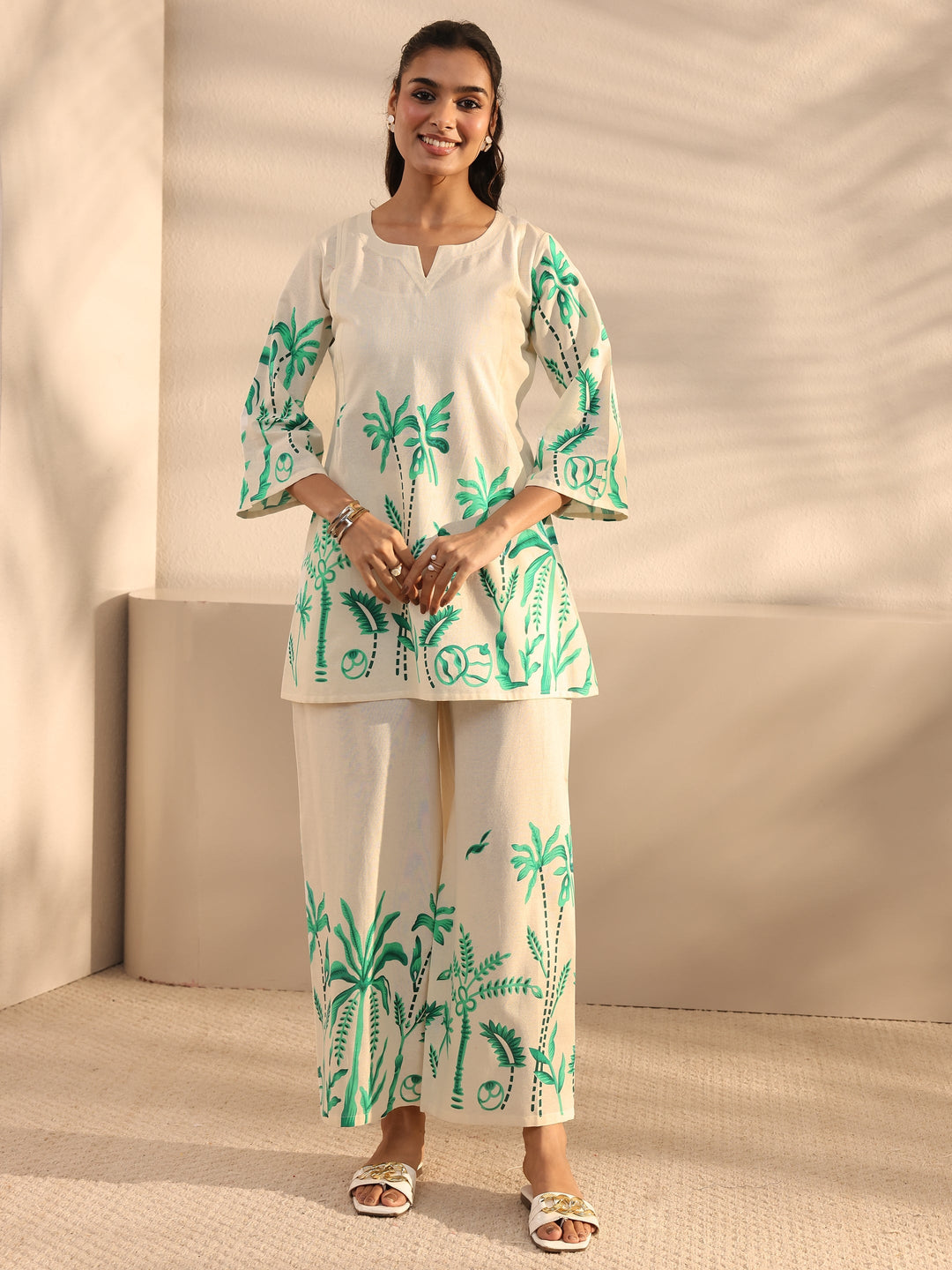  Off White Tropical Printed Cotton Co-Ord Set 