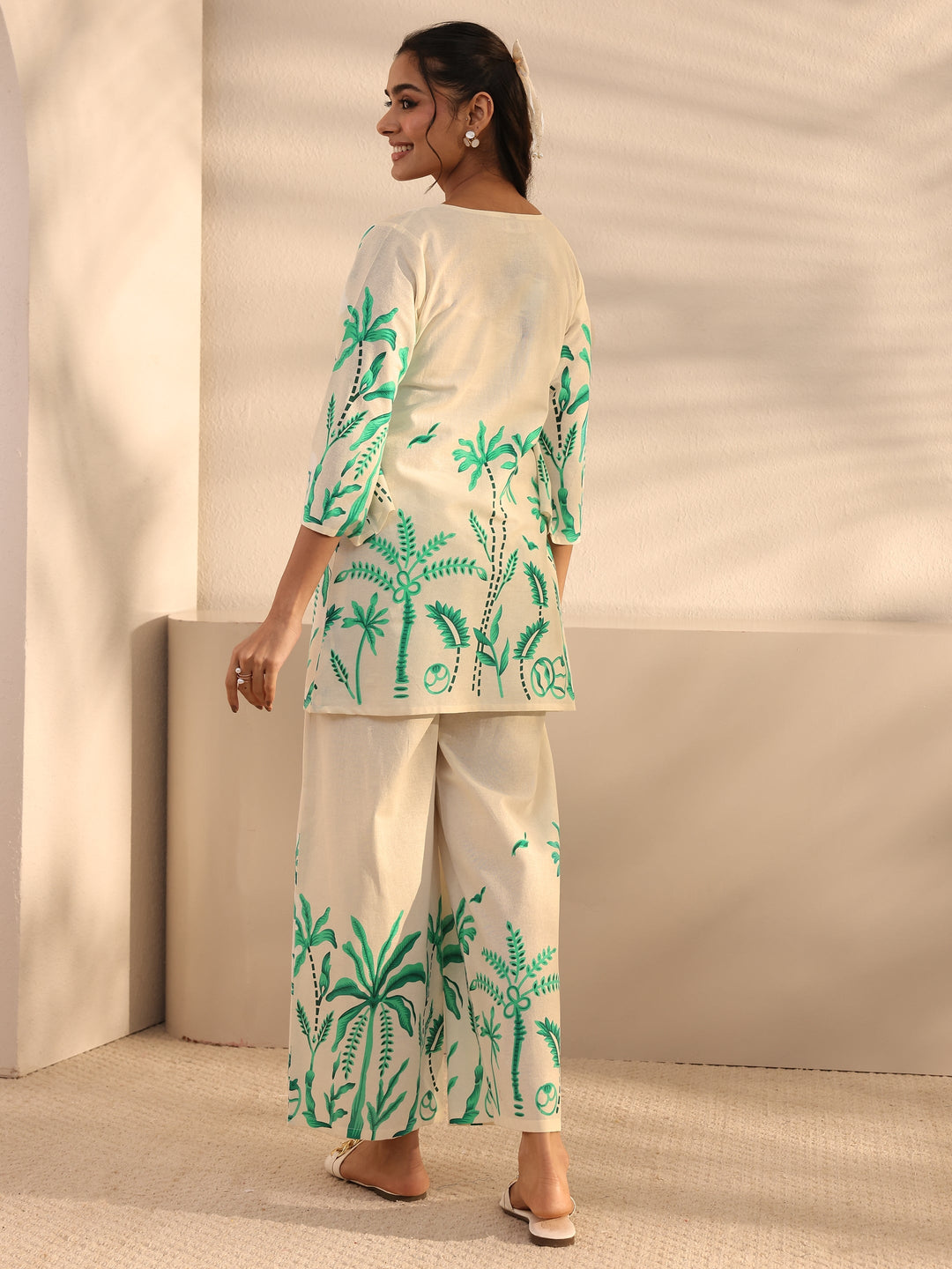  Off White Tropical Printed Cotton Co-Ord Set 