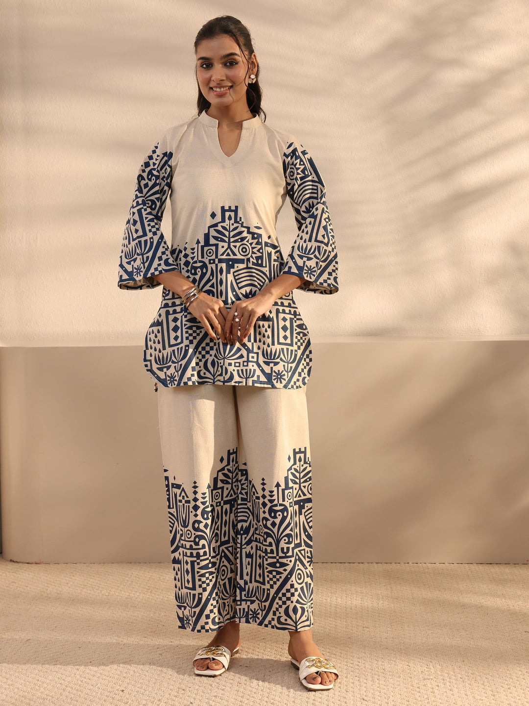  Off White Ethnic Motifs Printed Cotton Co-Ord Set 