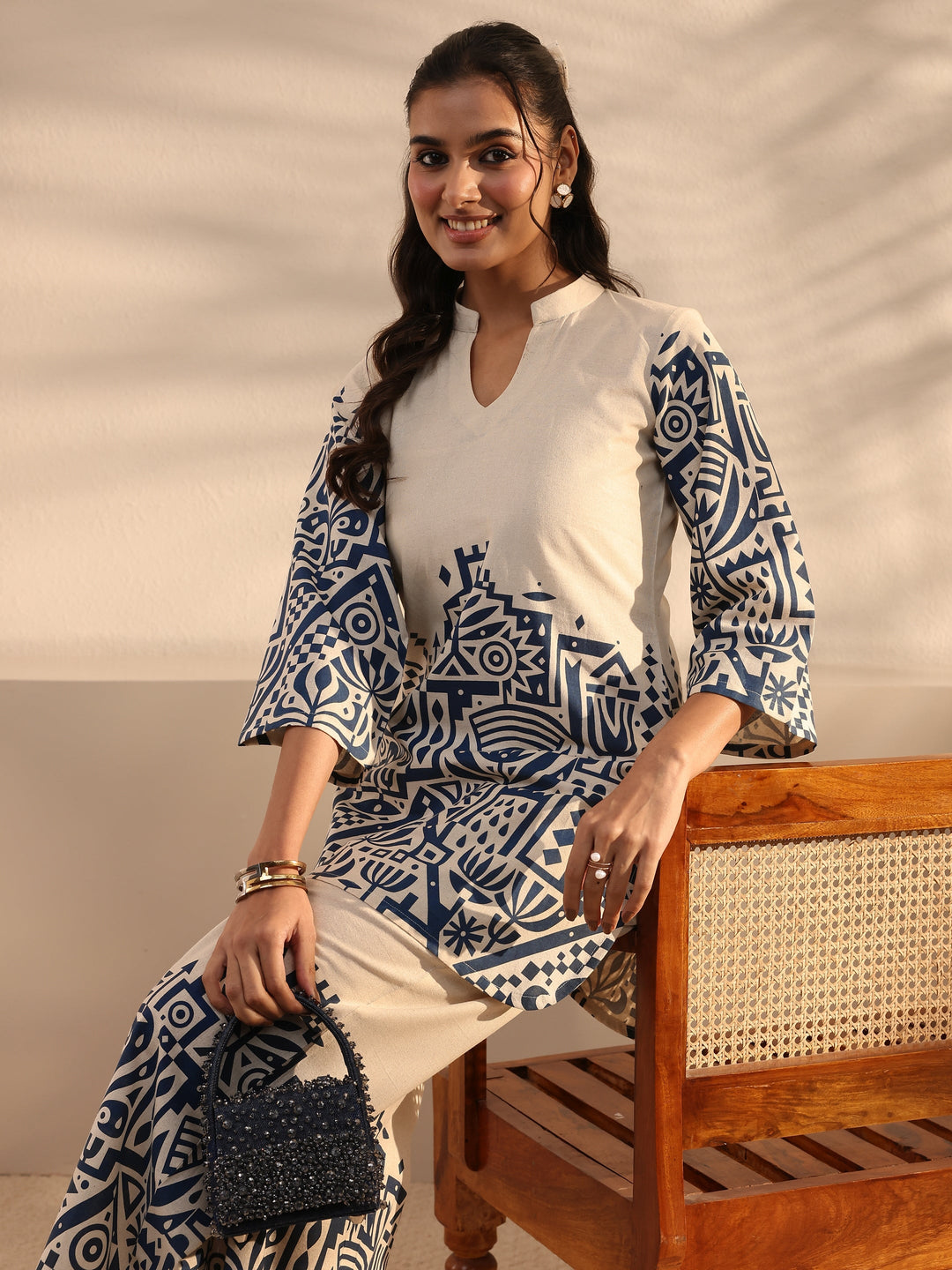  Off White Ethnic Motifs Printed Cotton Co-Ord Set 