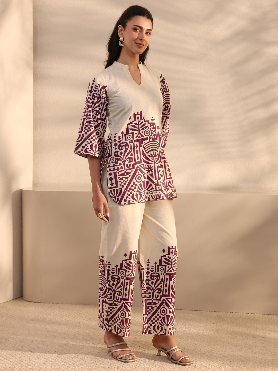  Off White Ethnic Motifs Printed Cotton Co-Ord Set 