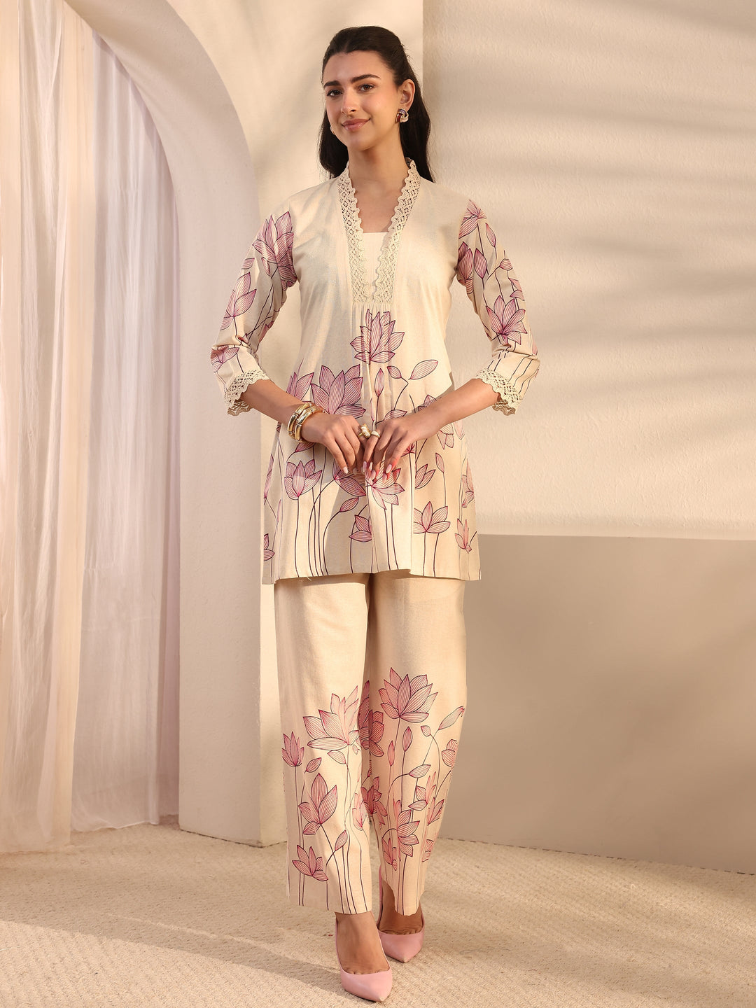  Off White Floral Printed Cotton Co-Ord Set 