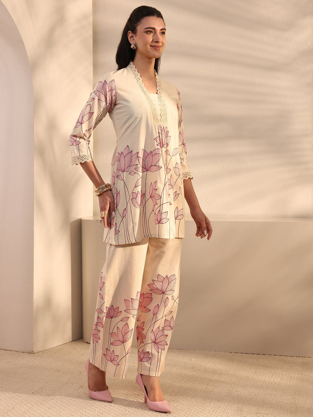  Off White Floral Printed Cotton Co-Ord Set 