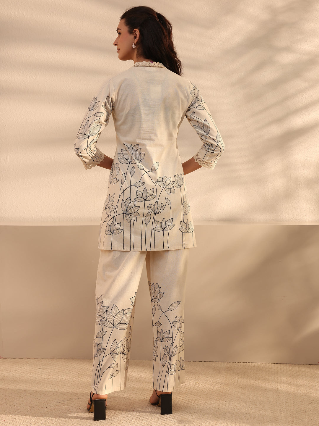  Off White Floral Printed Cotton Co-Ord Set 