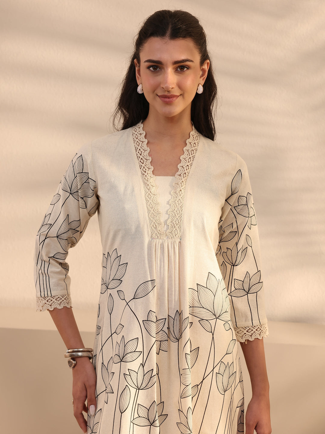  Off White Floral Printed Cotton Co-Ord Set 