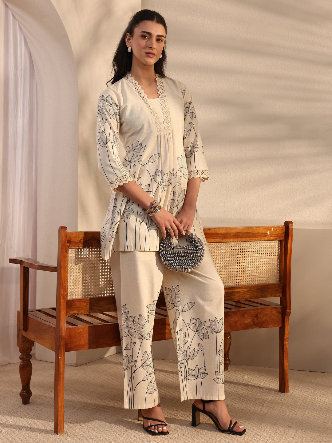  Off White Floral Printed Cotton Co-Ord Set 