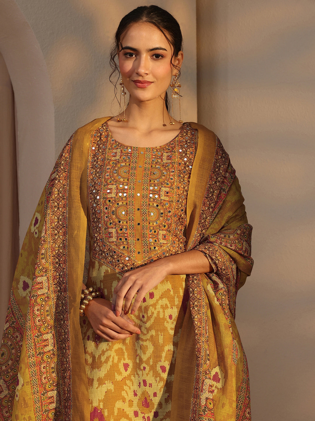  Mustard Printed Cotton Blend Straight Suit Set With Dupatta 