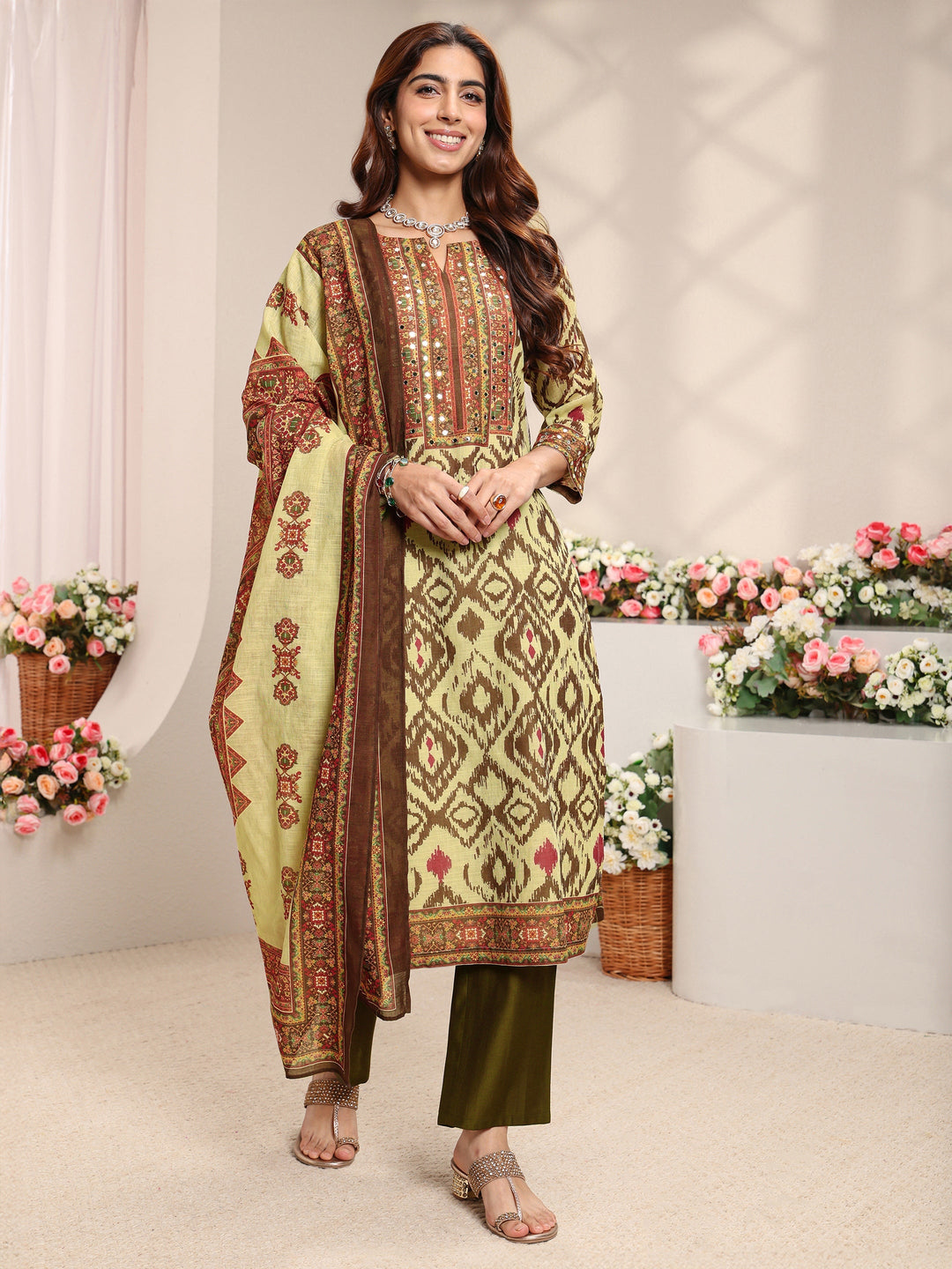  Green Ikat Printed Mirror Work Cotton Blend Straight Suit Set With Dupatta 