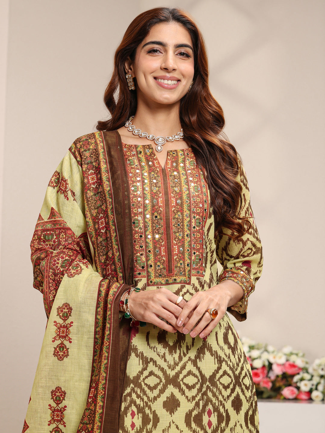  Green Ikat Printed Mirror Work Cotton Blend Straight Suit Set With Dupatta 