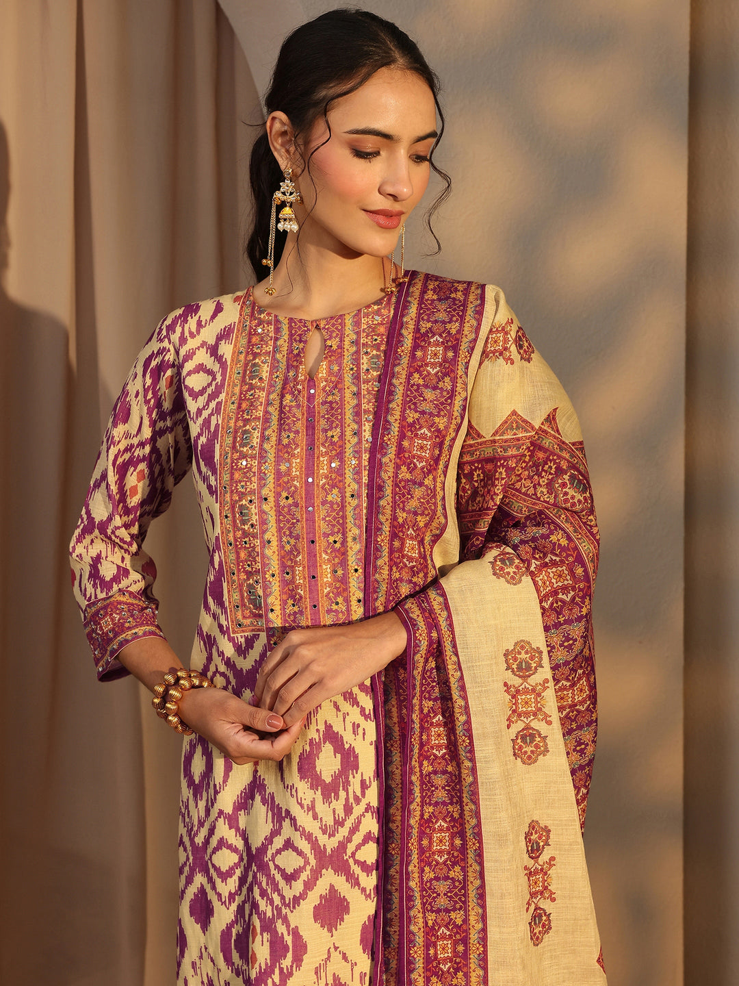  Purple Printed Cotton Blend Straight Suit Set With Dupatta 