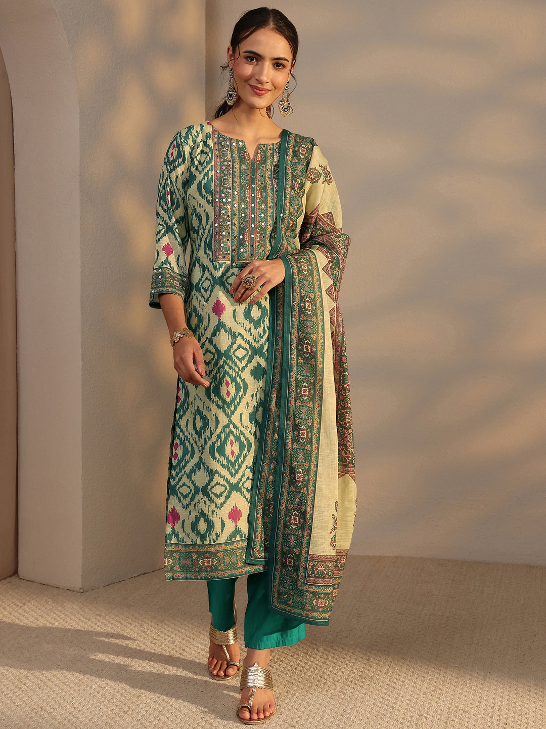  Green Printed Cotton Blend Straight Suit Set With Dupatta 