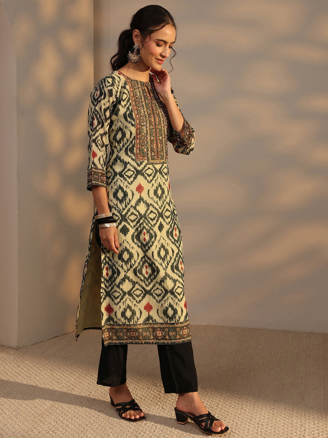  Beige Printed Cotton Blend Straight Suit Set With Dupatta 