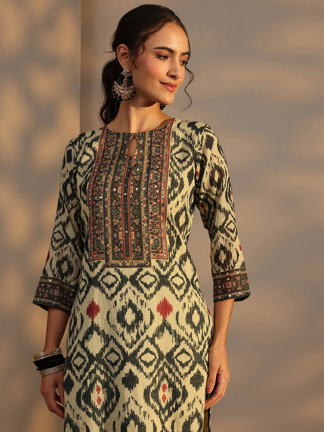  Beige Printed Cotton Blend Straight Suit Set With Dupatta 