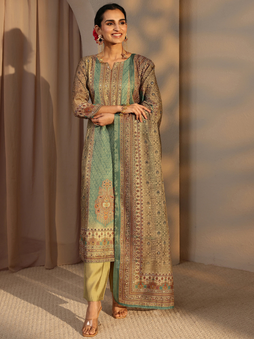  Beige Bandhani Printed Silk Blend Straight Suit Set With Dupatta 