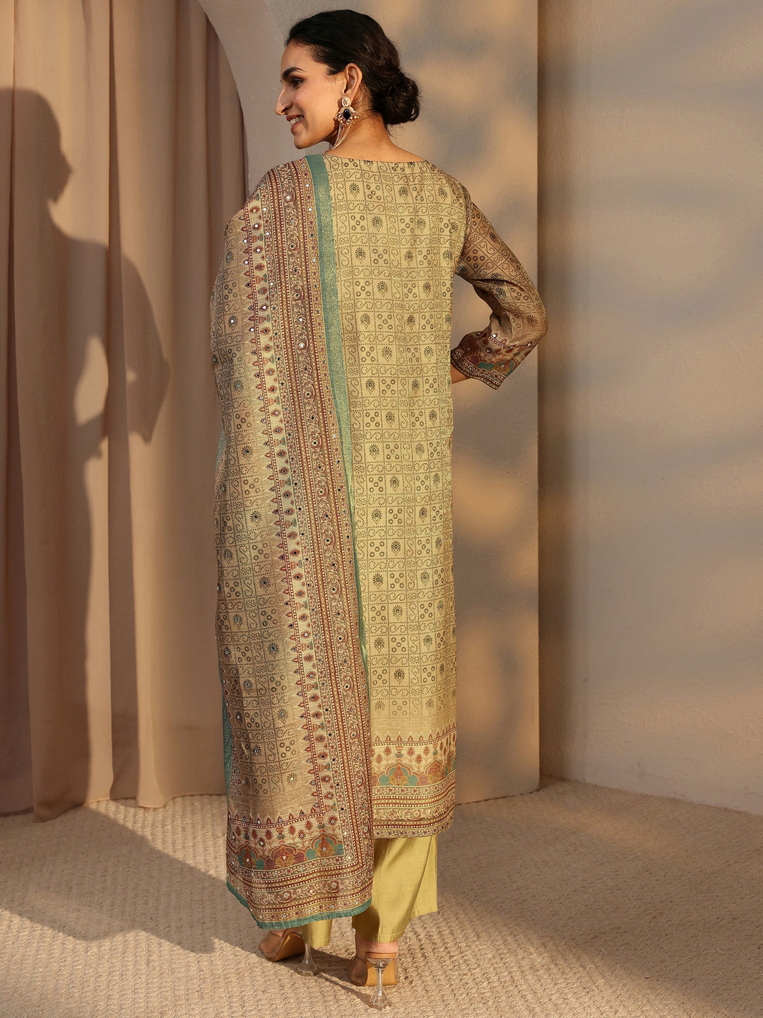  Beige Bandhani Printed Silk Blend Straight Suit Set With Dupatta 