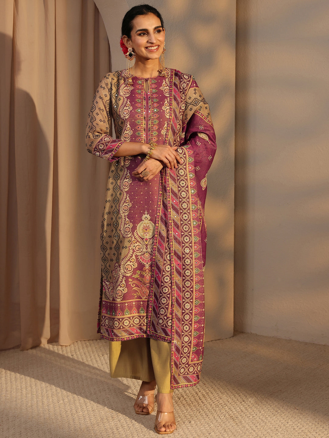  Beige Bandhani Printed Silk Blend Straight Suit Set With Dupatta 