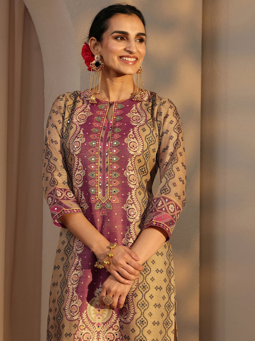  Beige Bandhani Printed Silk Blend Straight Suit Set With Dupatta 