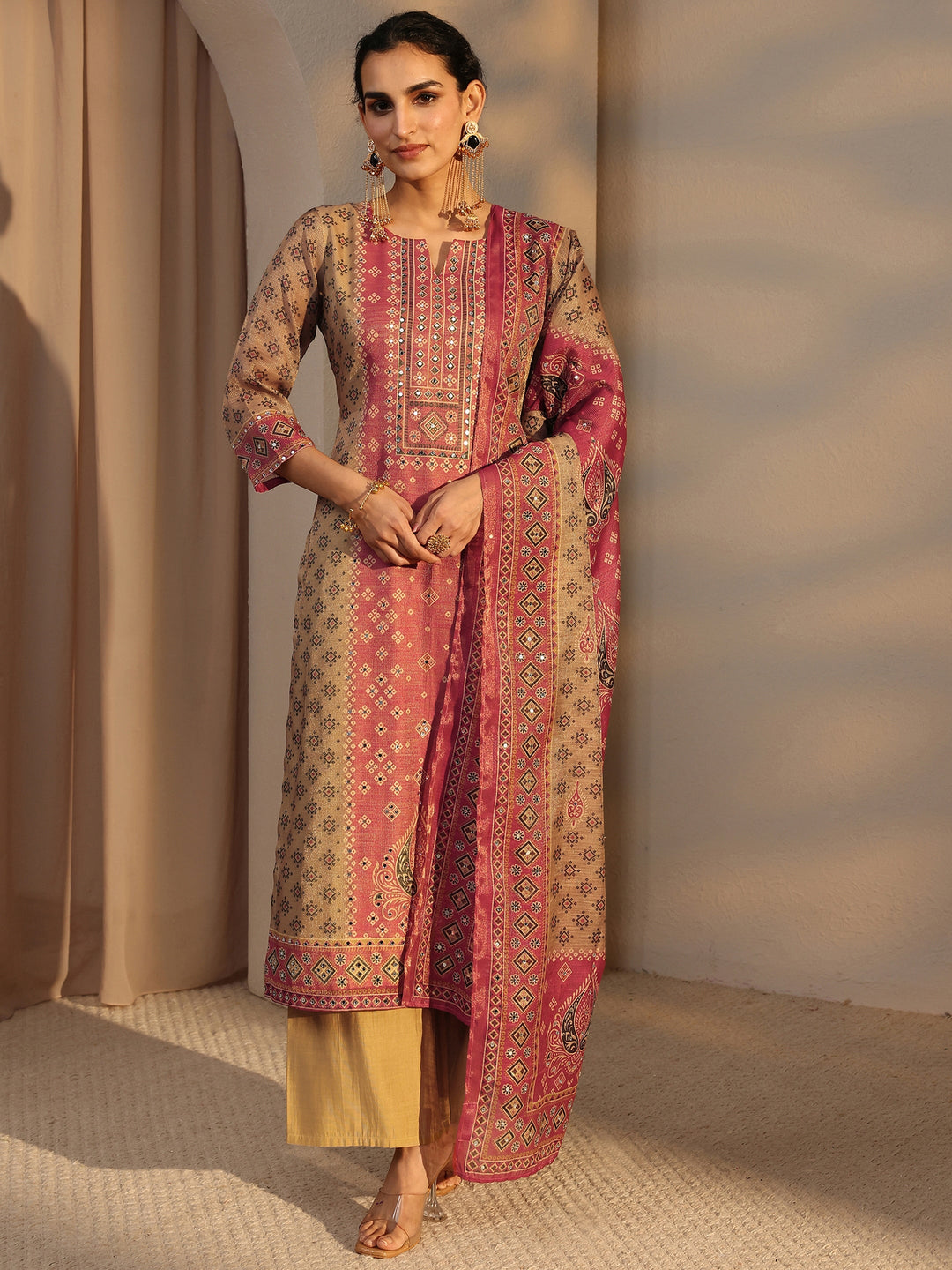  Beige Bandhani Printed Silk Blend Straight Suit Set With Dupatta 