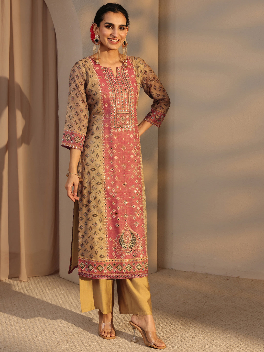 Beige Bandhani Printed Silk Blend Straight Suit Set With Dupatta 