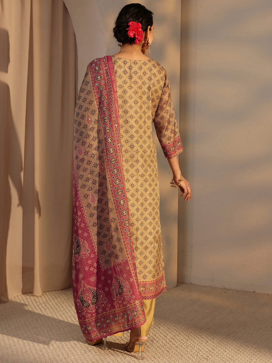  Beige Bandhani Printed Silk Blend Straight Suit Set With Dupatta 