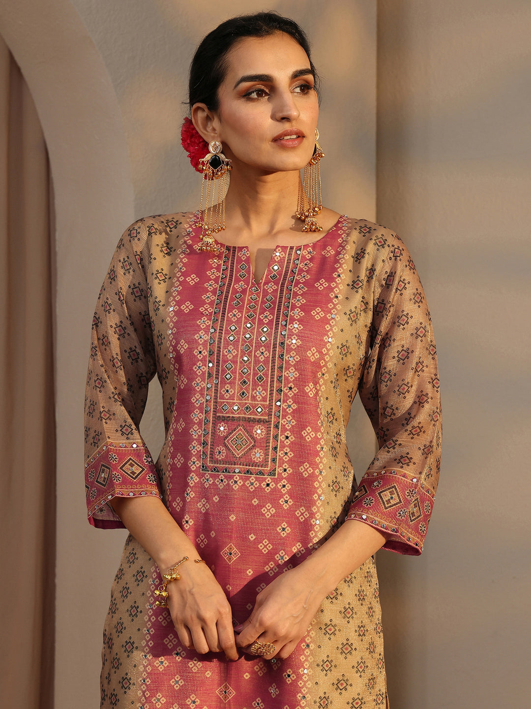  Beige Bandhani Printed Silk Blend Straight Suit Set With Dupatta 