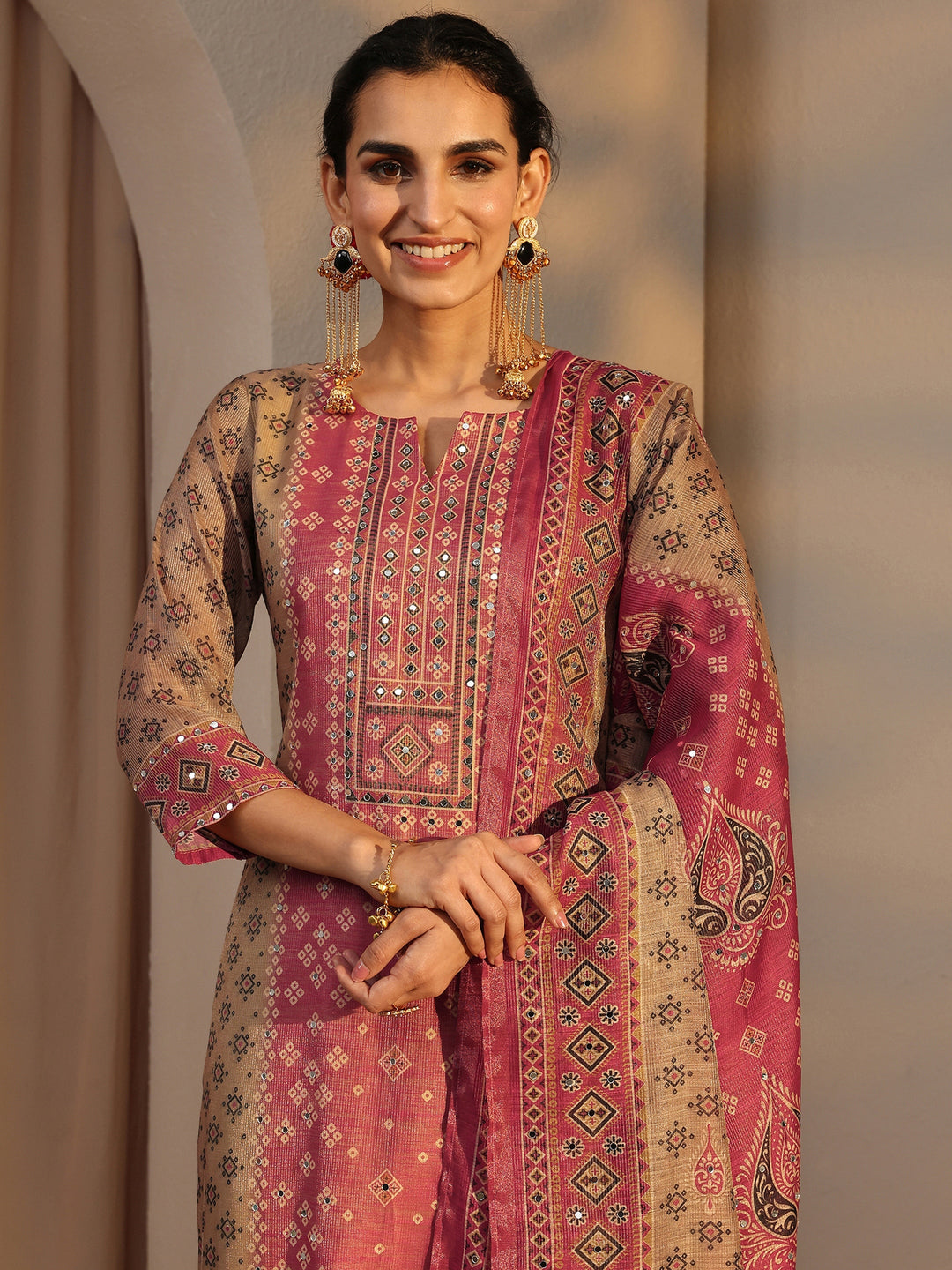  Beige Bandhani Printed Silk Blend Straight Suit Set With Dupatta 