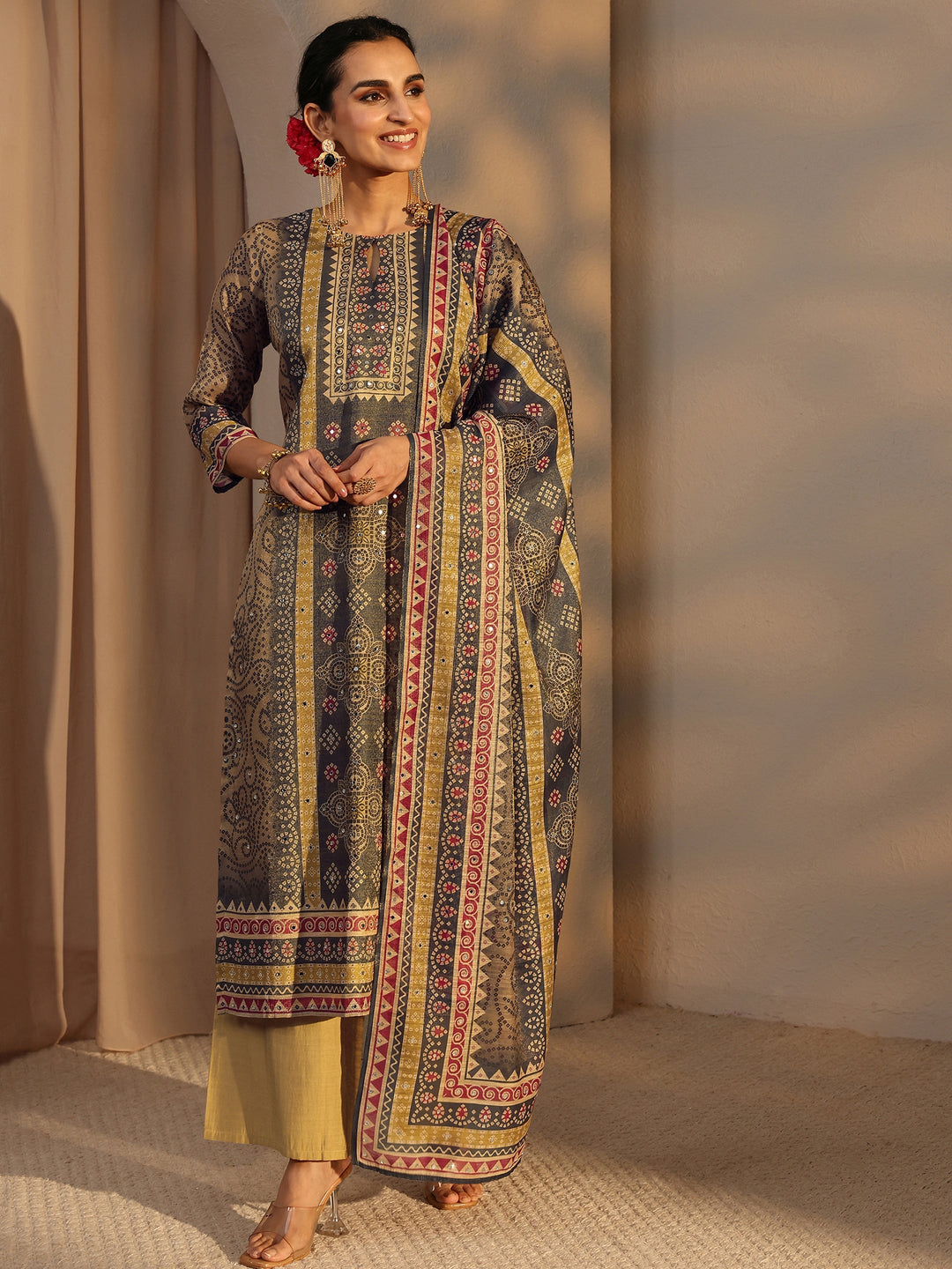  Beige Bandhani Printed Silk Blend Straight Suit Set With Dupatta 