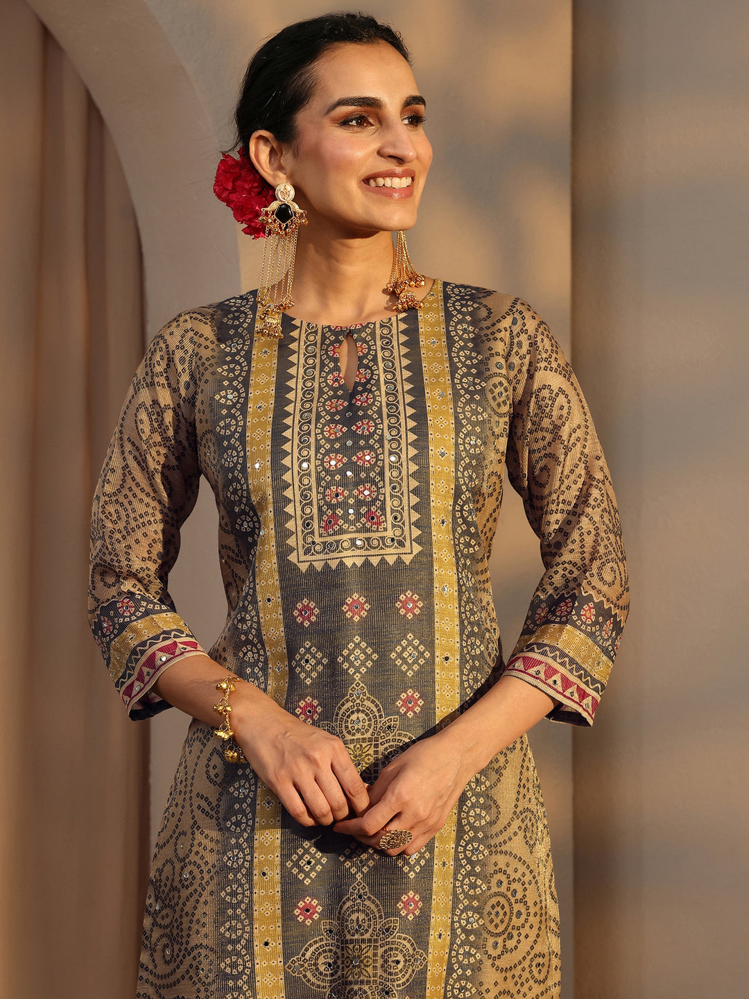  Beige Bandhani Printed Silk Blend Straight Suit Set With Dupatta 