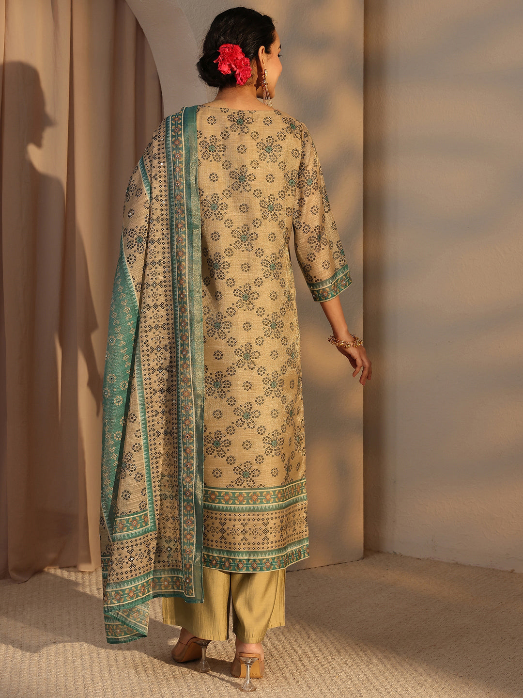  Beige Bandhani Printed Silk Blend Straight Suit Set With Dupatta 