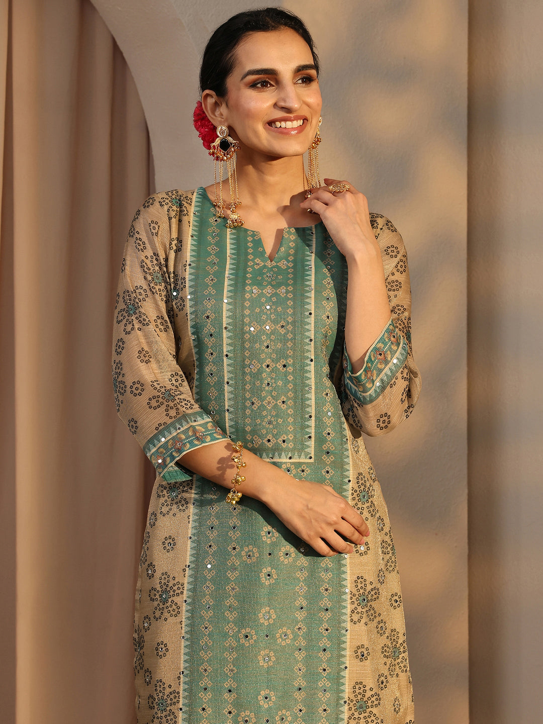  Beige Bandhani Printed Silk Blend Straight Suit Set With Dupatta 