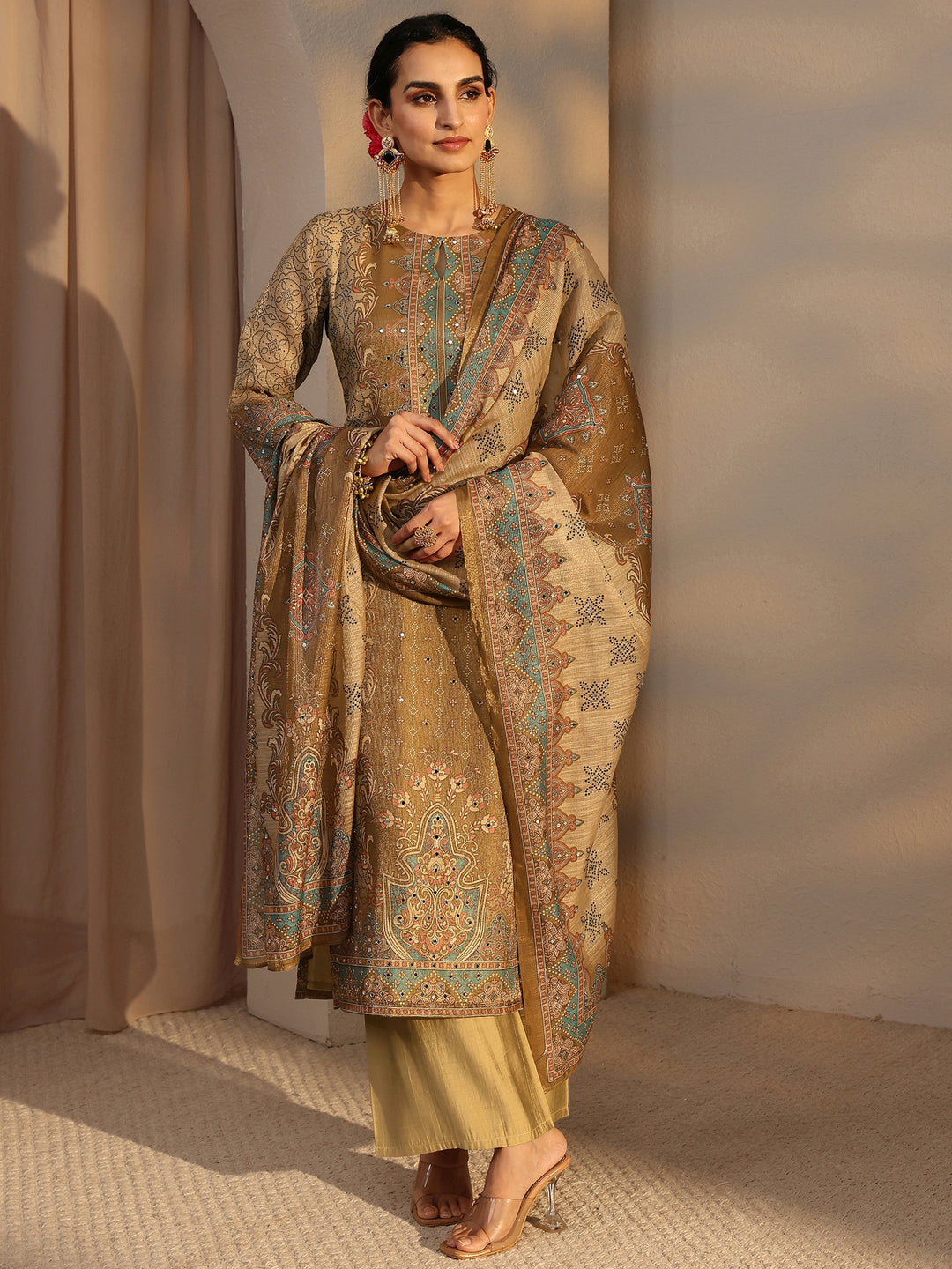  Beige Ethnic Printed Silk Blend Straight Suit Set With Dupatta 