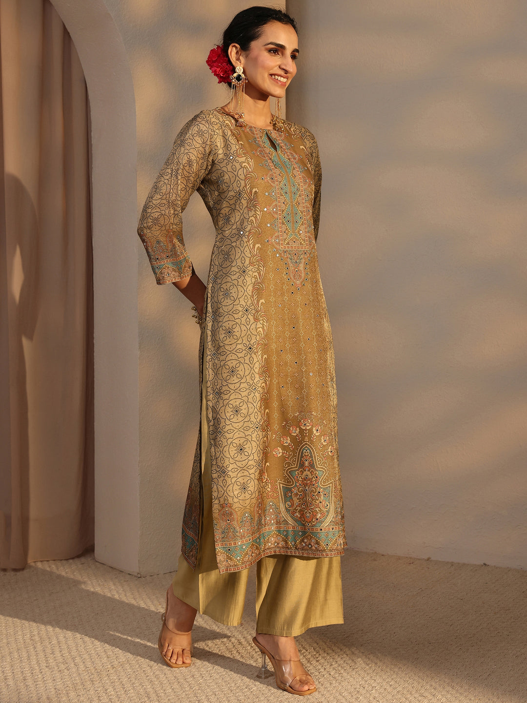  Beige Ethnic Printed Silk Blend Straight Suit Set With Dupatta 