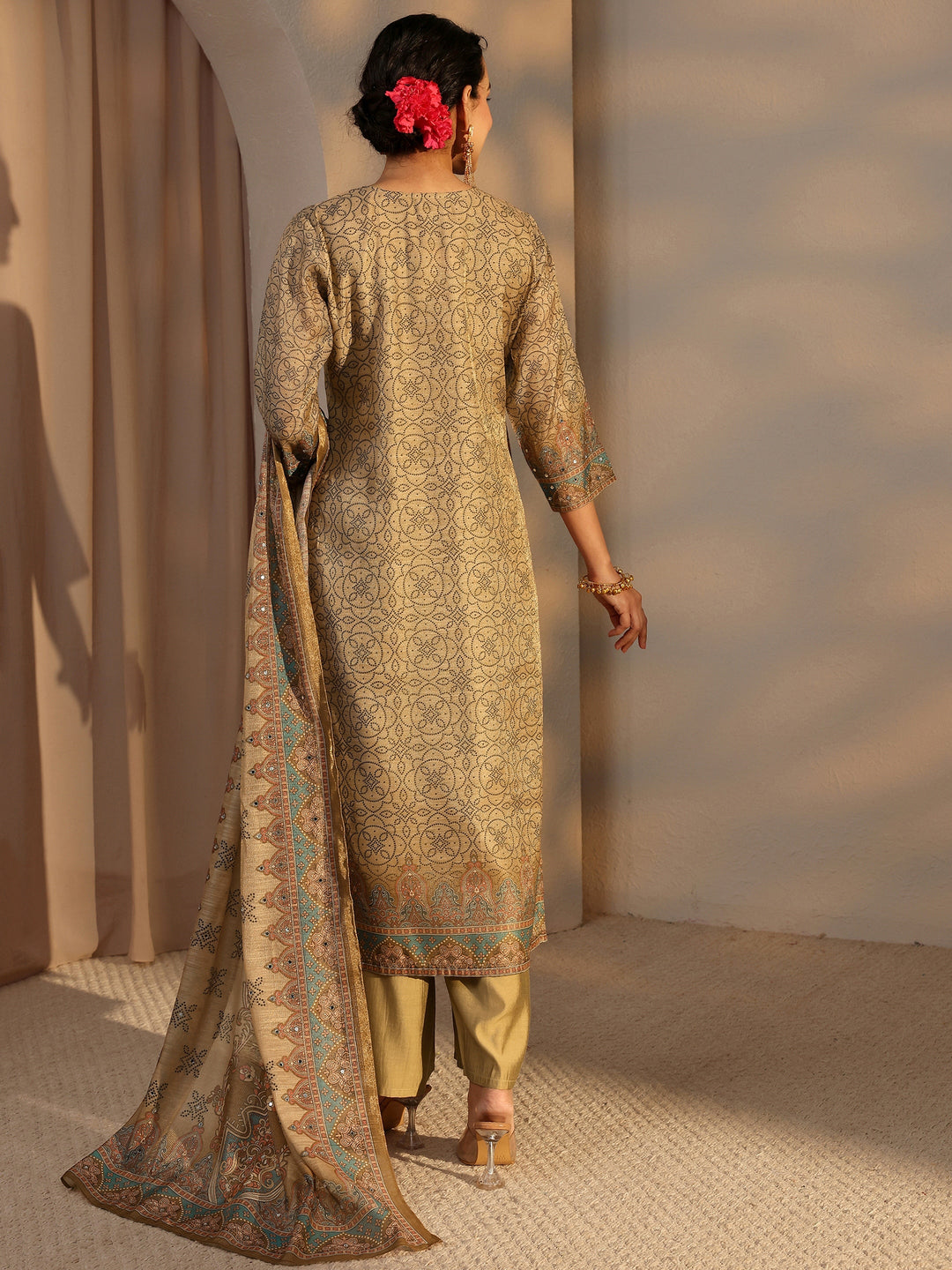  Beige Ethnic Printed Silk Blend Straight Suit Set With Dupatta 
