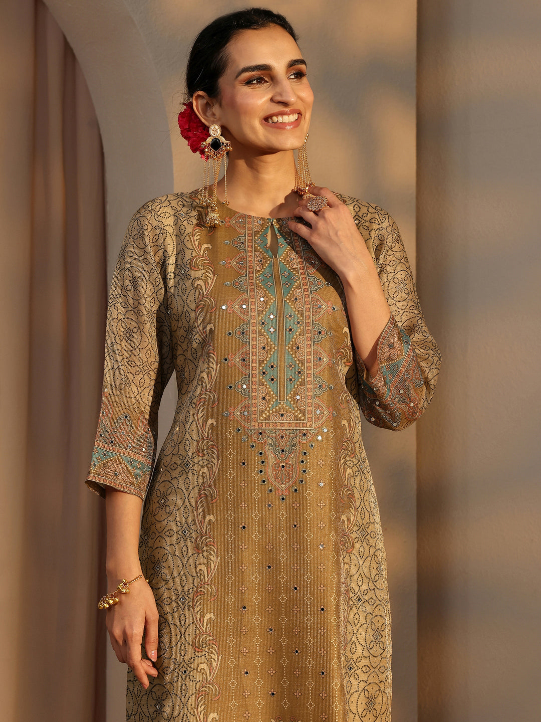 Beige Ethnic Printed Silk Blend Straight Suit Set With Dupatta 