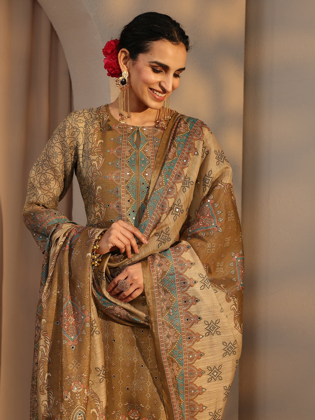  Beige Ethnic Printed Silk Blend Straight Suit Set With Dupatta 