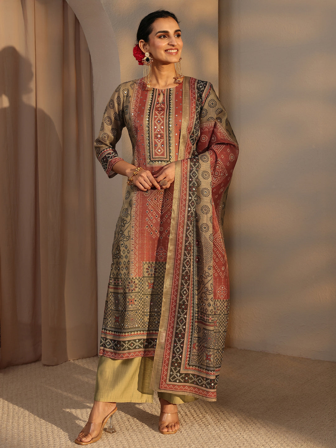  Beige Bandhani Printed Silk Blend Straight Suit Set With Dupatta 