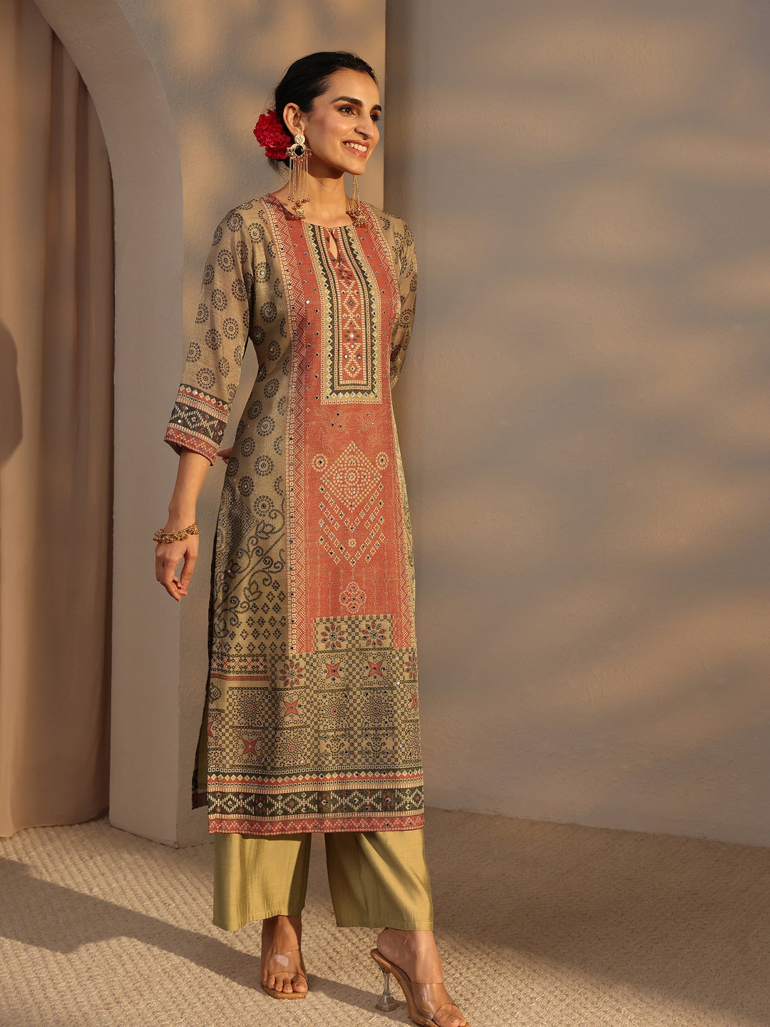  Beige Bandhani Printed Silk Blend Straight Suit Set With Dupatta 