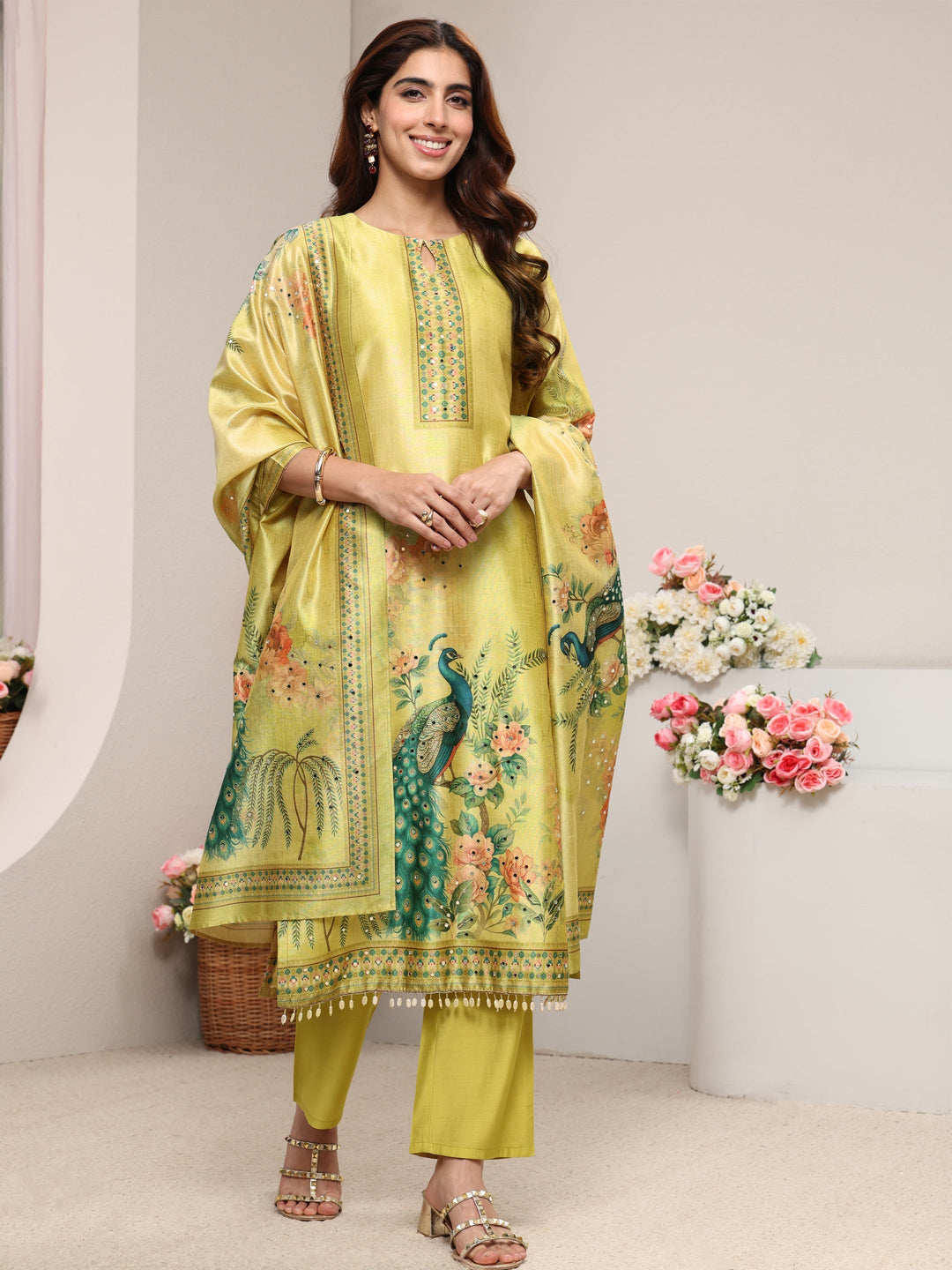  Green Ethnic Printed Silk Blend Straight Suit Set With Dupatta 