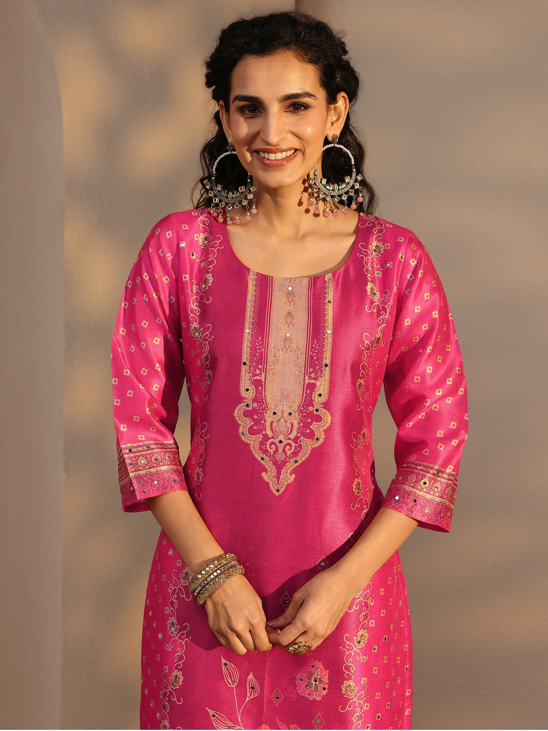  Pink Floral Printed Silk Blend Straight Suit Set With Dupatta 